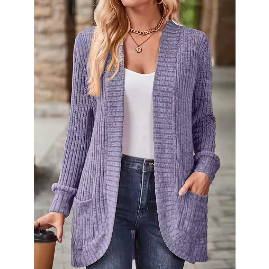 Full Size Classic Ribbed Open-Front Longline Cardigan Plus Purple / S Apparel and Accessories