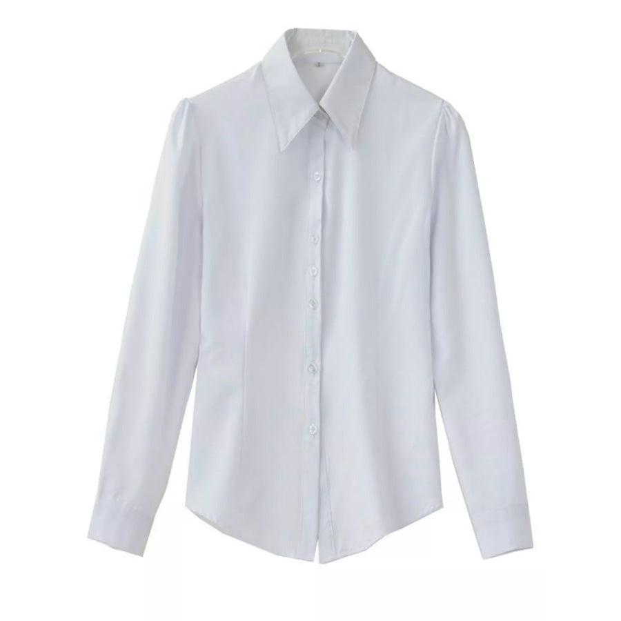 Full Size Classic Slim-Fit Button-Down Shirt Plus White-Long Sleeve Anti-Gaping / S Apparel and Accessories