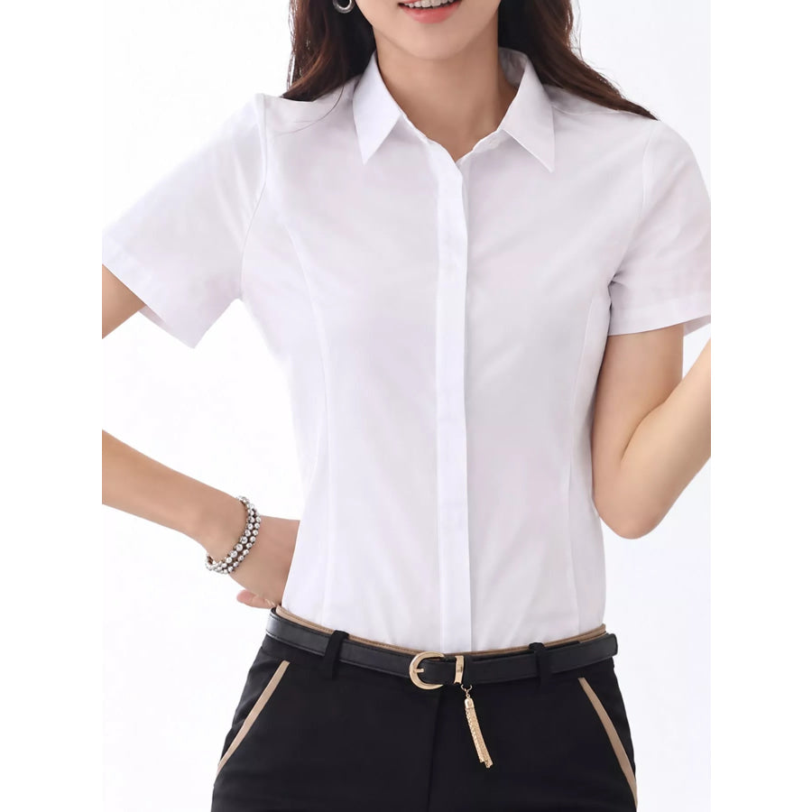 Full Size Classic Slim-Fit Button-Down Shirt Plus White-Short Sleeve Anti-Gaping / S Apparel and Accessories
