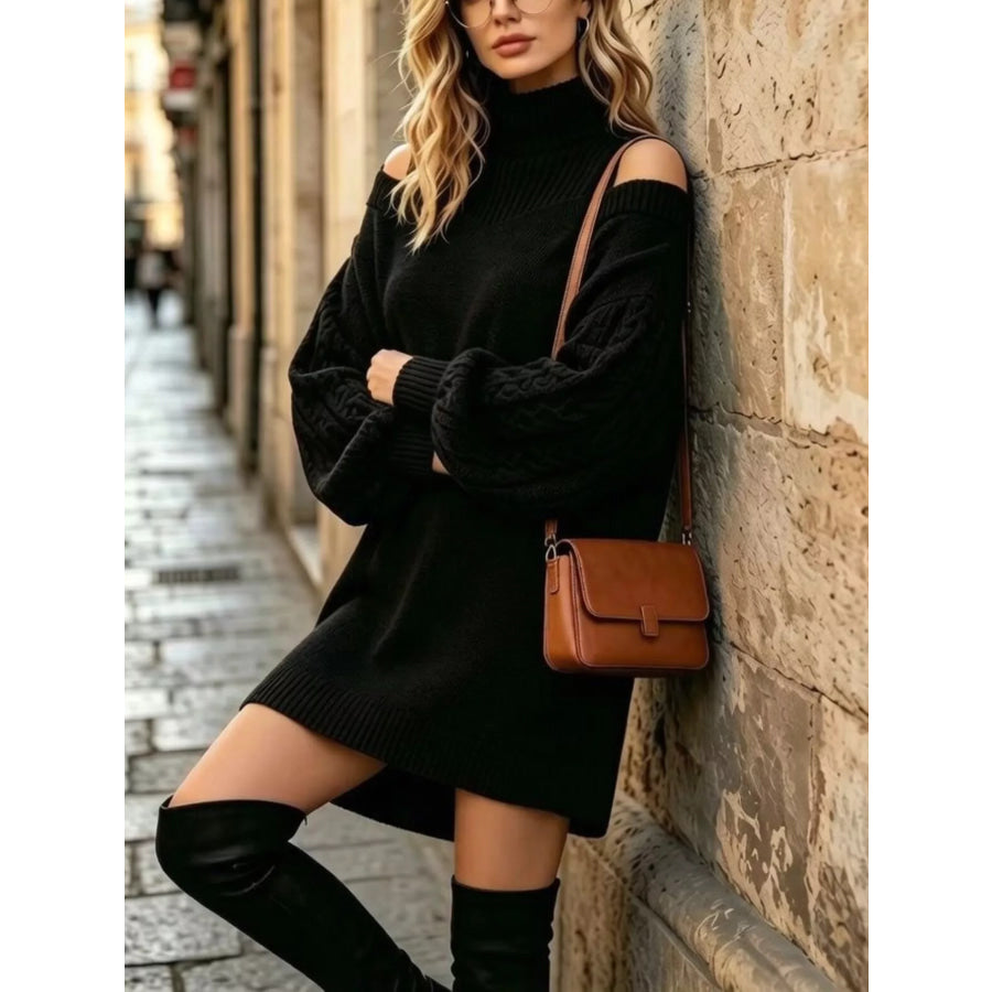 Full Size Cold-Shoulder Cable Knit Turtleneck Oversize Sweater Plus Apparel and Accessories