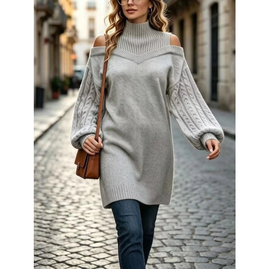Full Size Cold-Shoulder Cable Knit Turtleneck Oversize Sweater Plus Apparel and Accessories