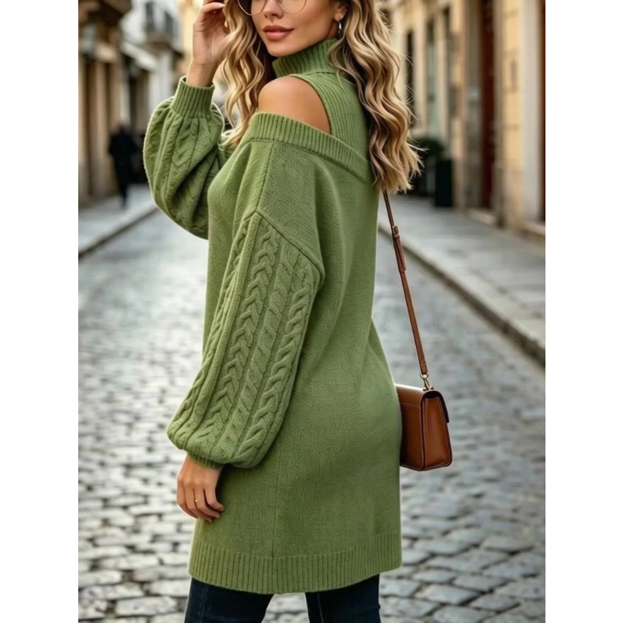 Full Size Cold-Shoulder Cable Knit Turtleneck Oversize Sweater Plus Apparel and Accessories