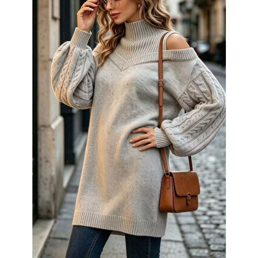 Full Size Cold-Shoulder Cable Knit Turtleneck Oversize Sweater Plus Apparel and Accessories