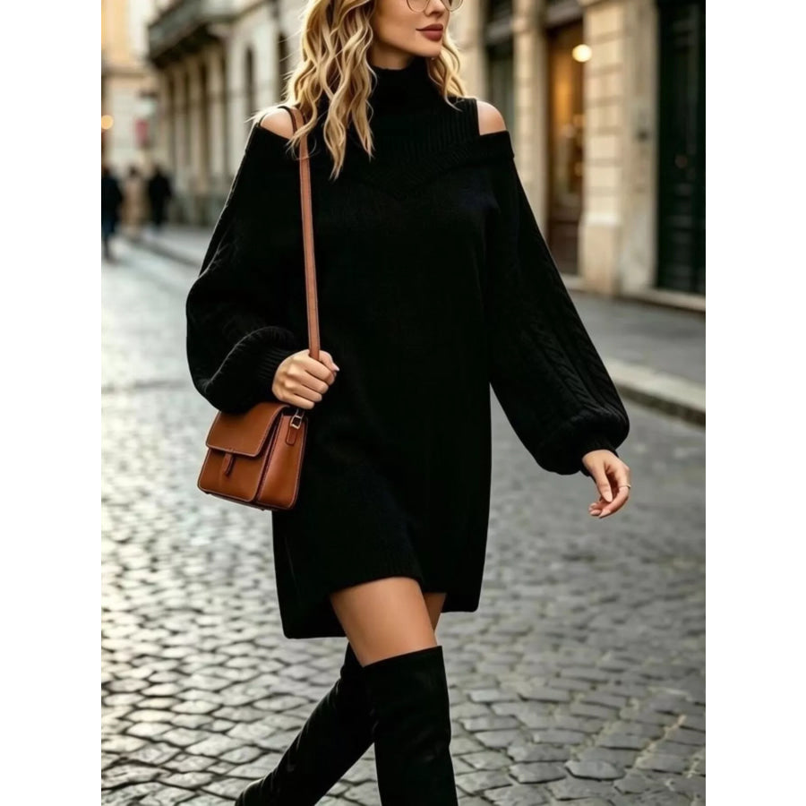 Full Size Cold-Shoulder Cable Knit Turtleneck Oversize Sweater Plus Black / S Apparel and Accessories