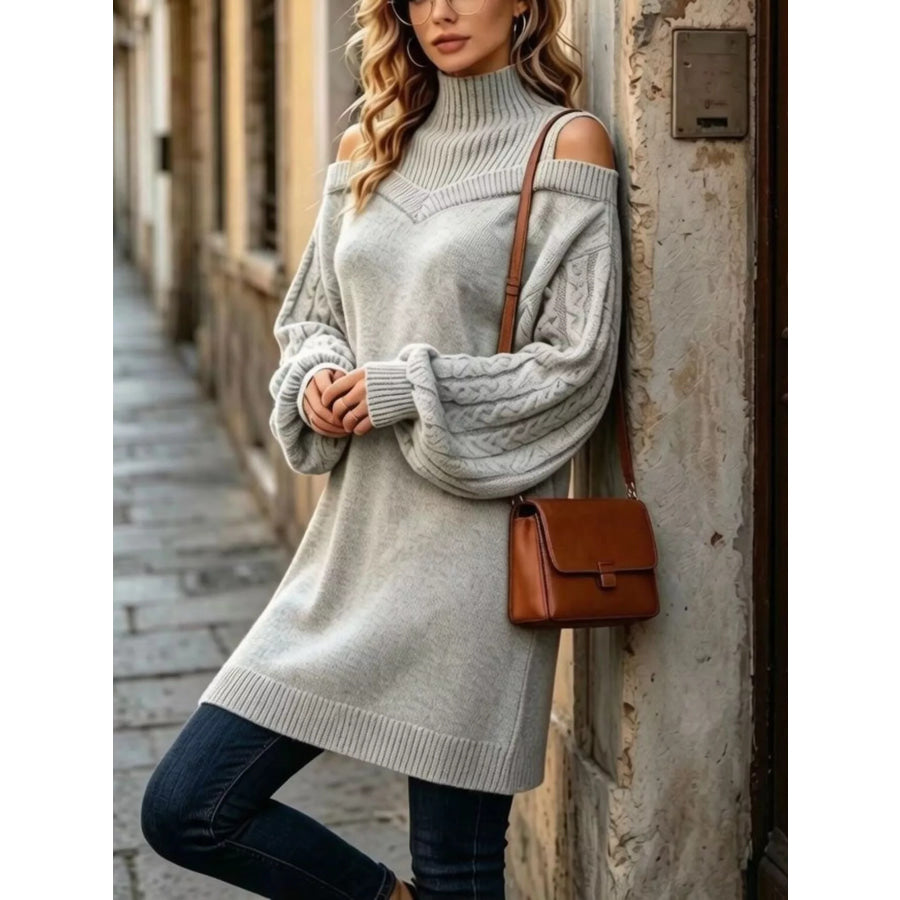 Full Size Cold-Shoulder Cable Knit Turtleneck Oversize Sweater Plus Gray / S Apparel and Accessories