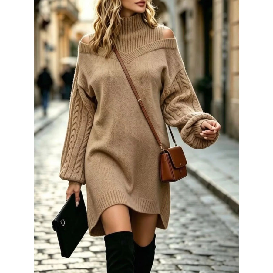 Full Size Cold-Shoulder Cable Knit Turtleneck Oversize Sweater Plus Khaki / S Apparel and Accessories