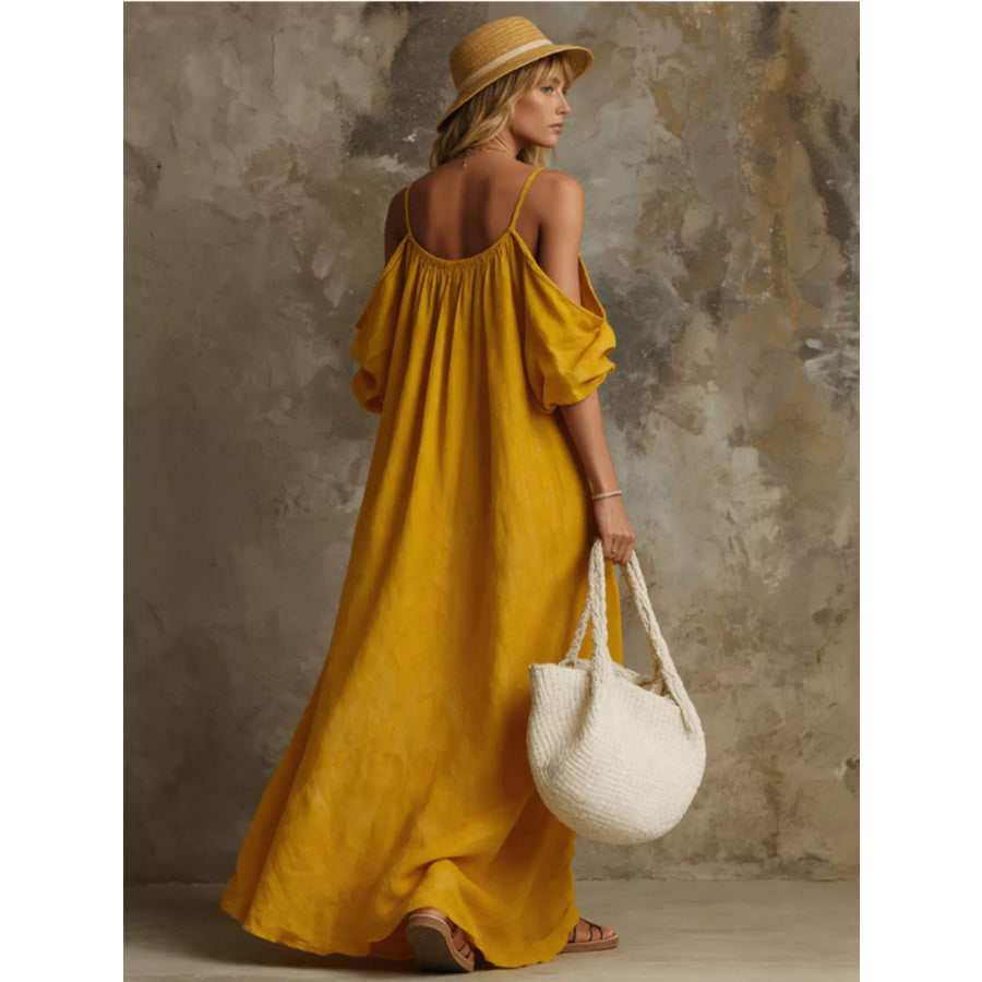 Full Size Cold-Shoulder Linen Maxi Dress Plus Mustard / S Apparel and Accessories