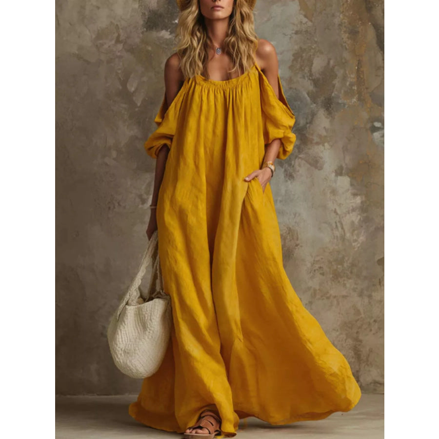 Full Size Cold-Shoulder Linen Maxi Dress Plus Mustard / S Apparel and Accessories