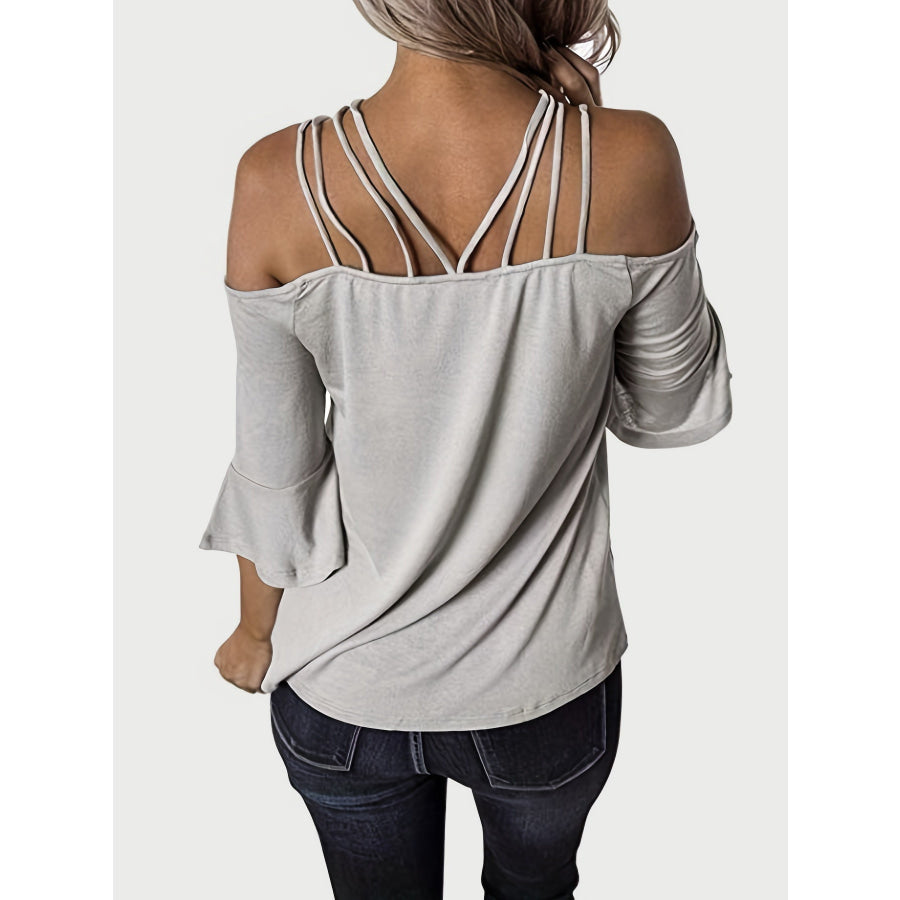 Full Size Cold Shoulder Three-Quarter Sleeve Blouse Light Gray / S Apparel and Accessories