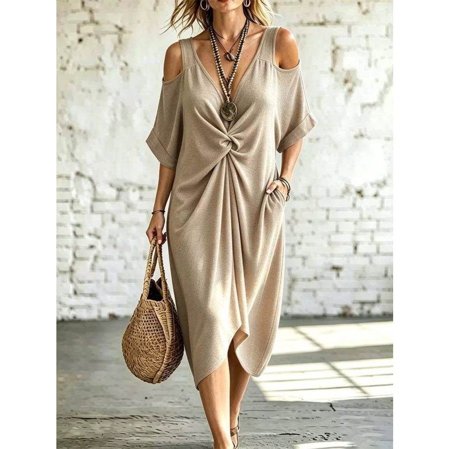 Full Size Cold Shoulder Twist Front Midi Dress Plus Size Apricot / S Apparel and Accessories