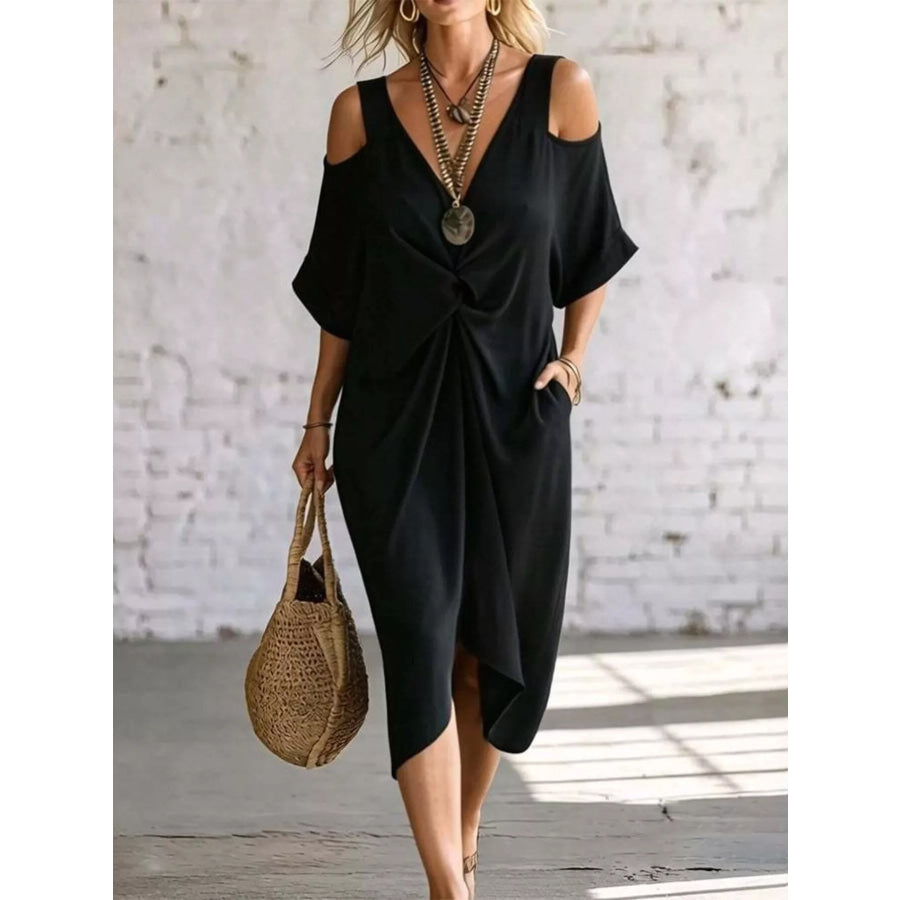 Full Size Cold Shoulder Twist Front Midi Dress Plus Size Black / S Apparel and Accessories