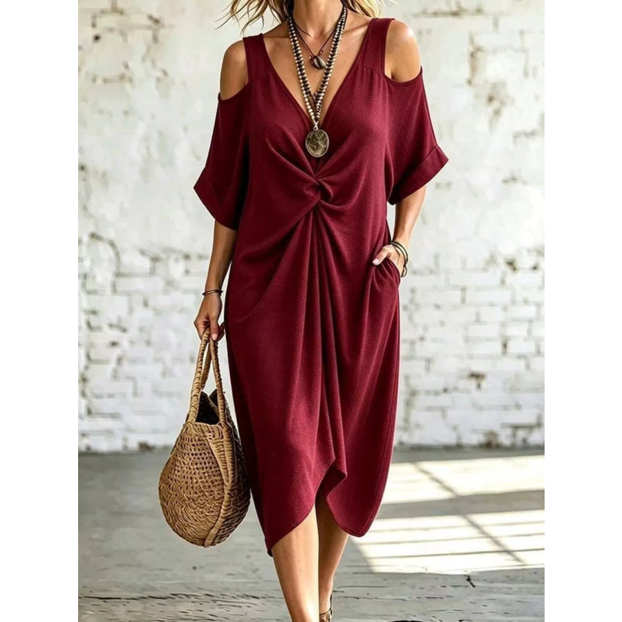 Full Size Cold Shoulder Twist Front Midi Dress Plus Size Burgundy / S Apparel and Accessories