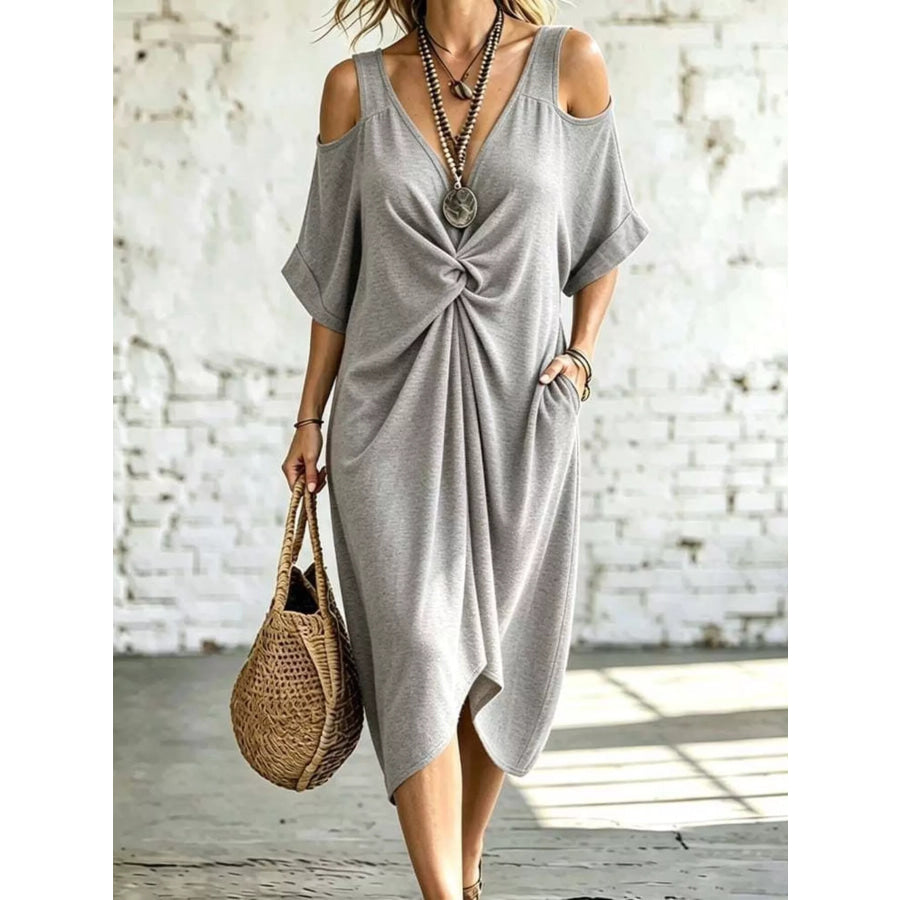 Full Size Cold Shoulder Twist Front Midi Dress Plus Size Gray / S Apparel and Accessories