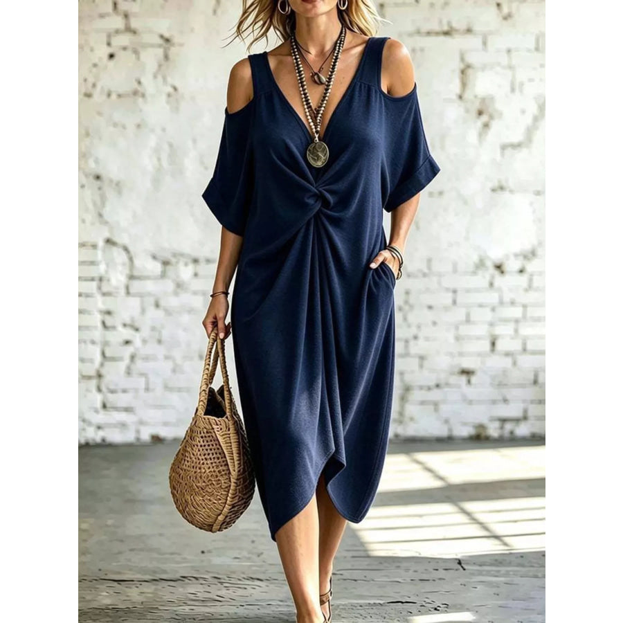 Full Size Cold Shoulder Twist Front Midi Dress Plus Size Navy / S Apparel and Accessories