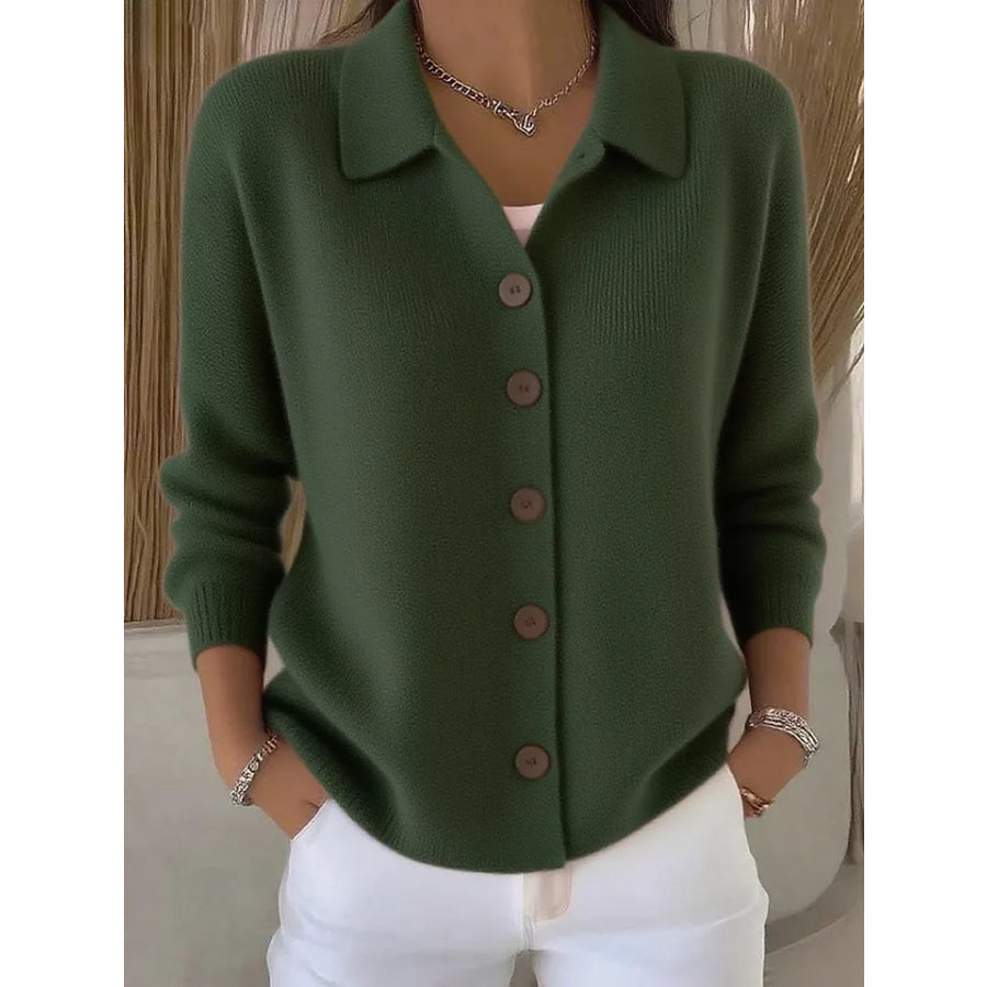 Full Size Collared Button-Down Knit Cardigan Plus Army Green / S Apparel and Accessories