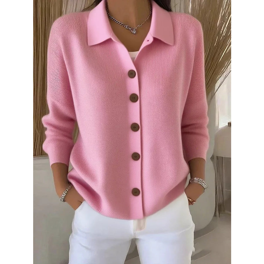 Full Size Collared Button-Down Knit Cardigan Plus Pink / S Apparel and Accessories