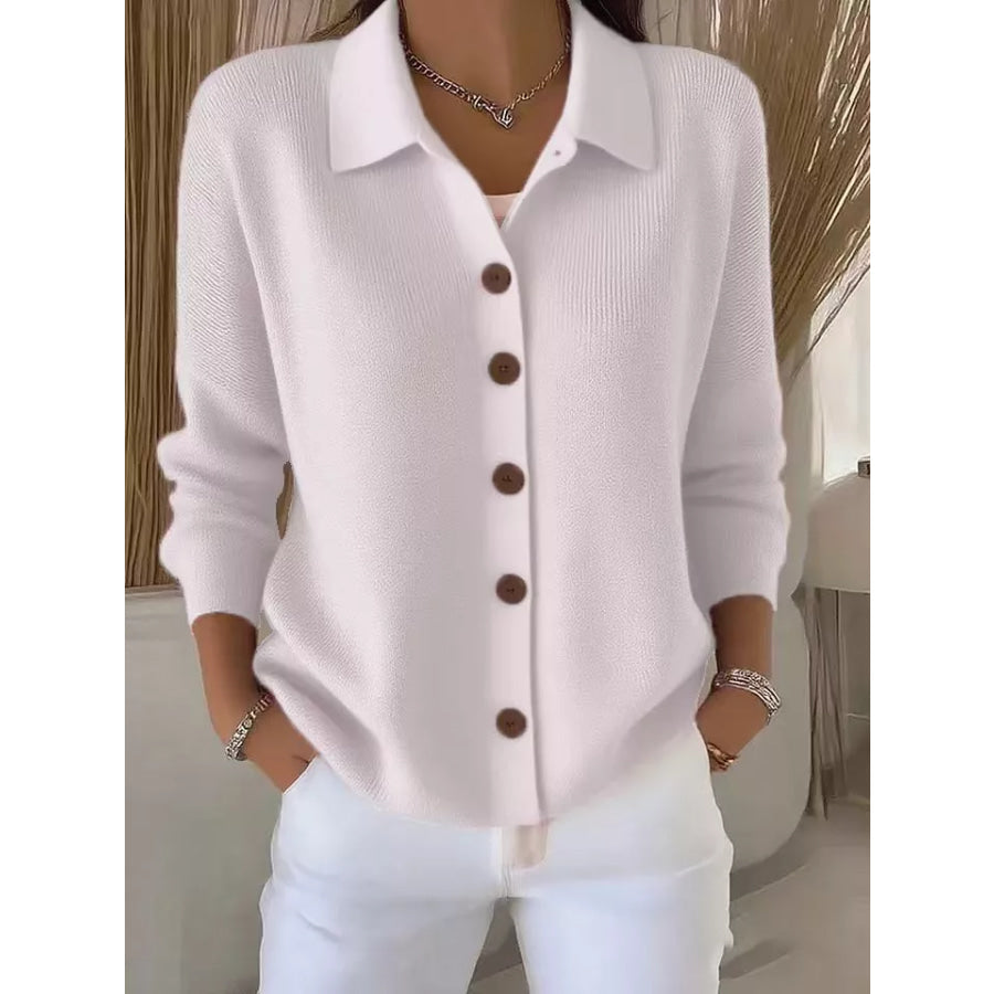 Full Size Collared Button-Down Knit Cardigan Plus White / S Apparel and Accessories