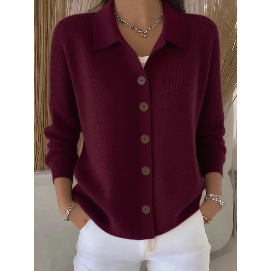 Full Size Collared Button-Down Knit Cardigan Plus Wine Red / S Apparel and Accessories