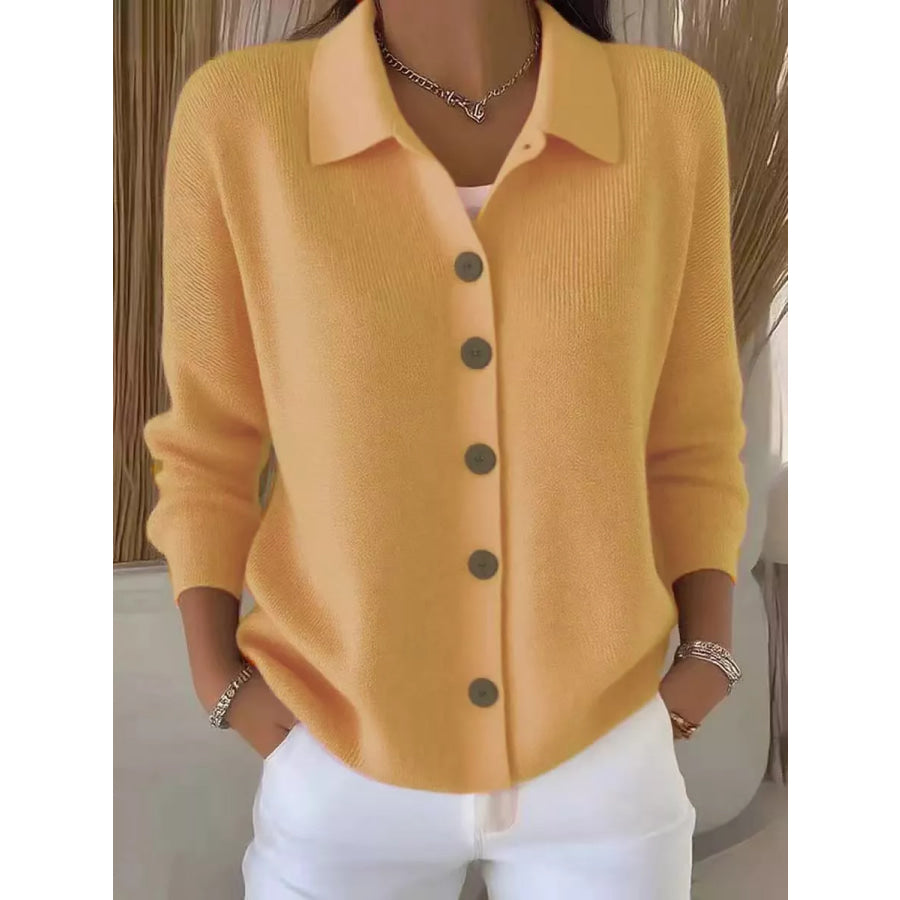 Full Size Collared Button-Down Knit Cardigan Plus Yellow / S Apparel and Accessories