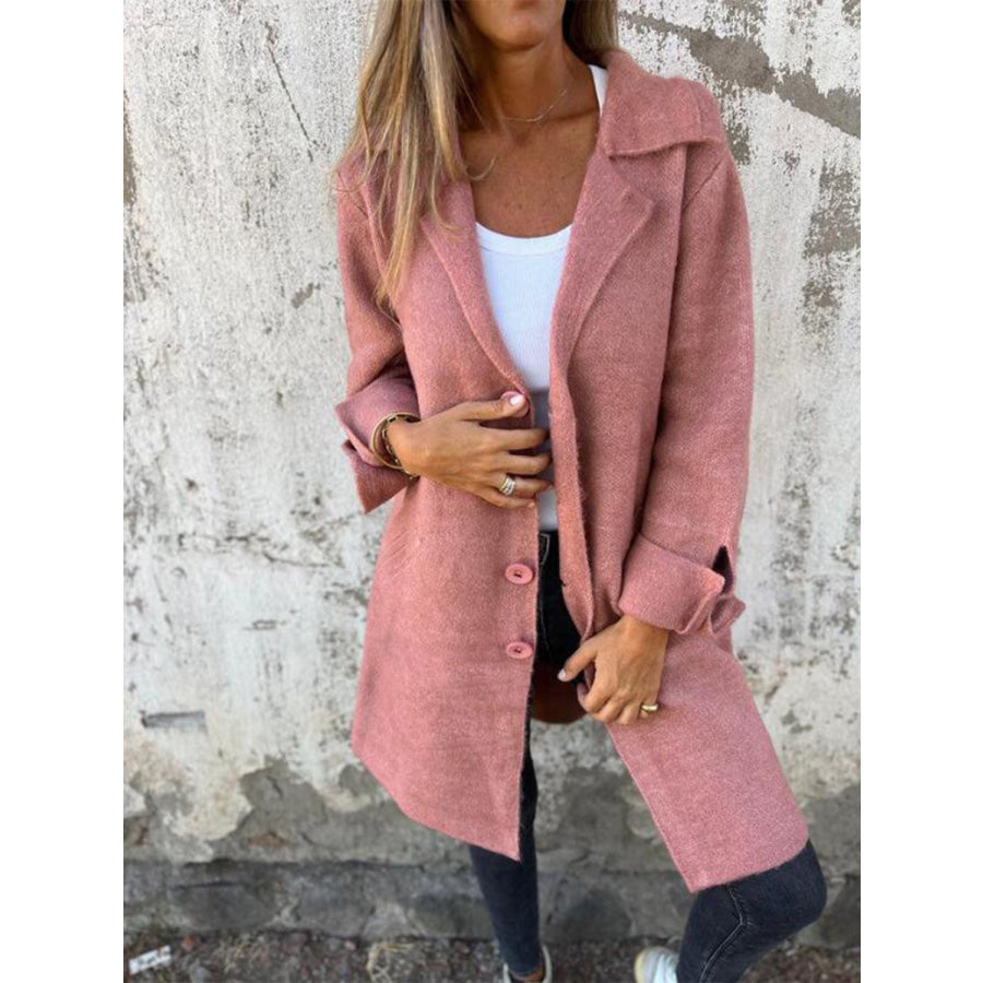 Full Size Collared Neck Button Up Longline Outerwear Dusty Pink / S Apparel and Accessories