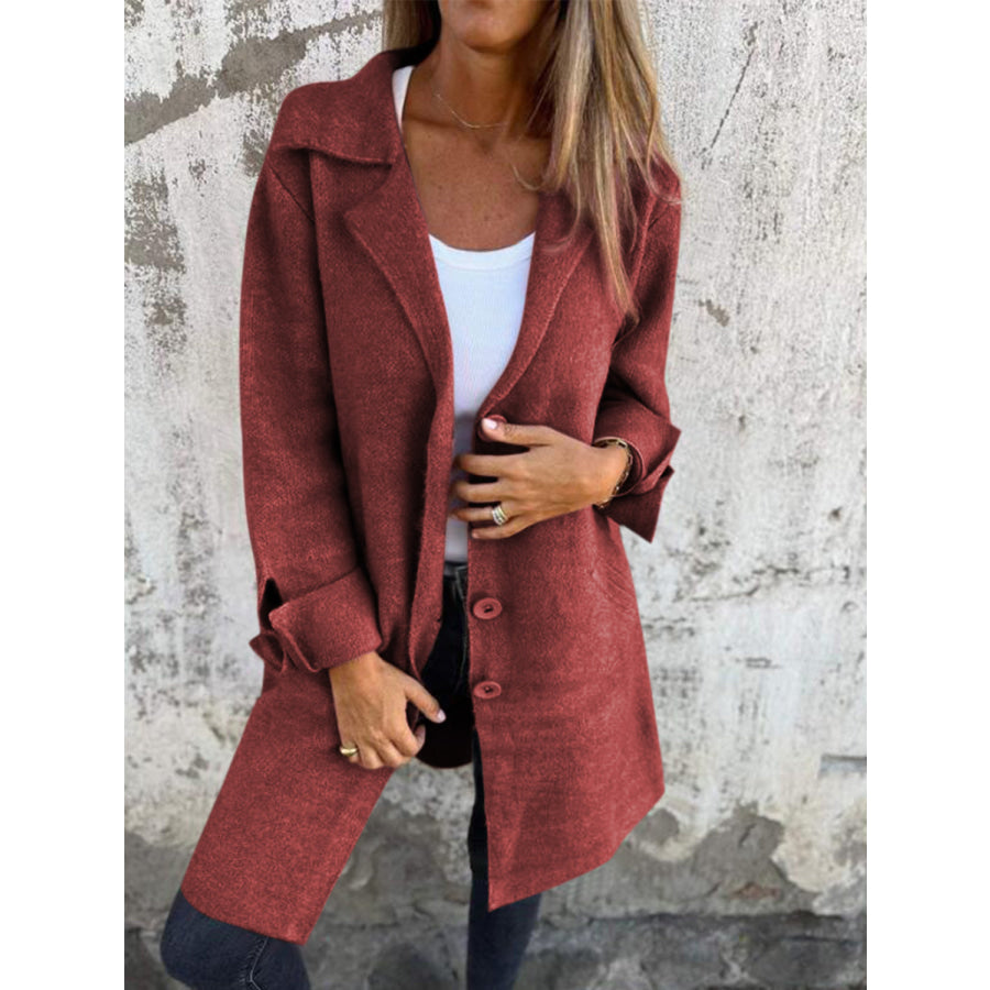 Full Size Collared Neck Button Up Longline Outerwear Burgundy / S Apparel and Accessories