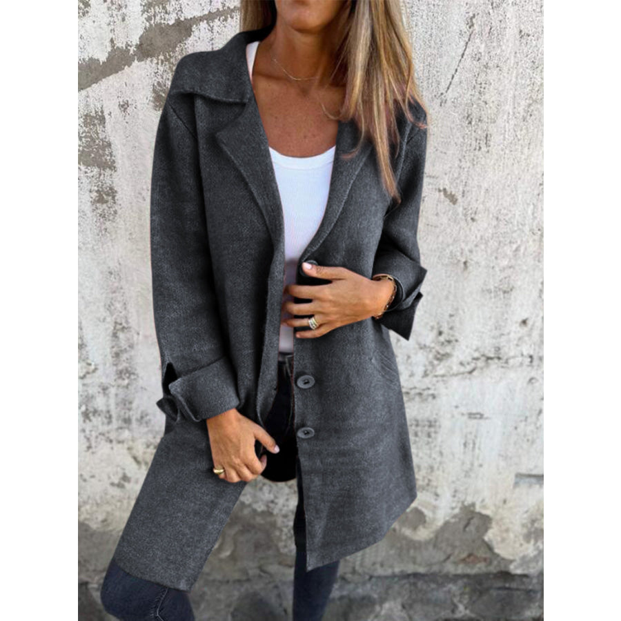 Full Size Collared Neck Button Up Longline Outerwear Dark Gray / S Apparel and Accessories