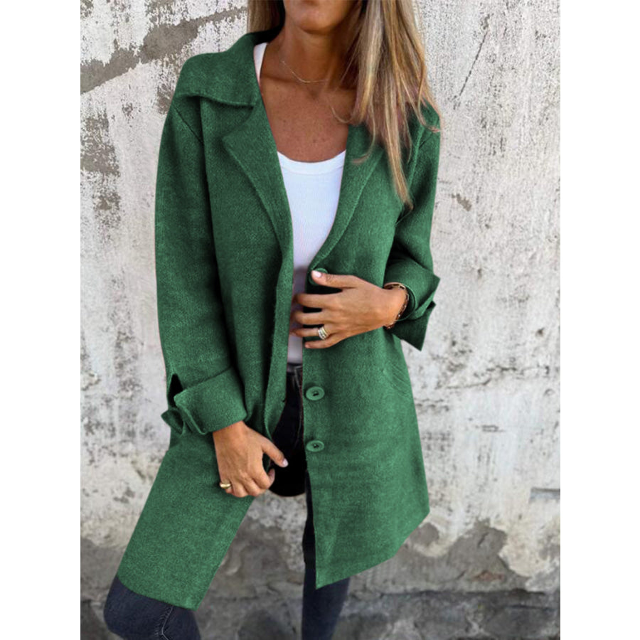 Full Size Collared Neck Button Up Longline Outerwear Dark Green / S Apparel and Accessories