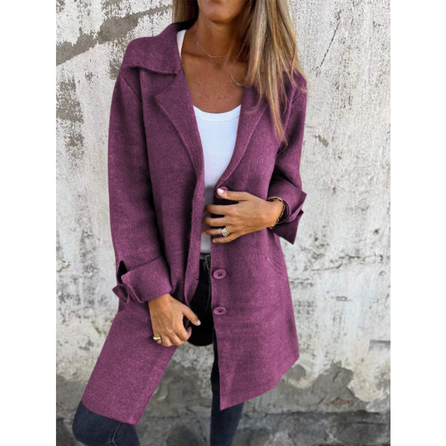 Full Size Collared Neck Button Up Longline Outerwear Deep Purple / S Apparel and Accessories