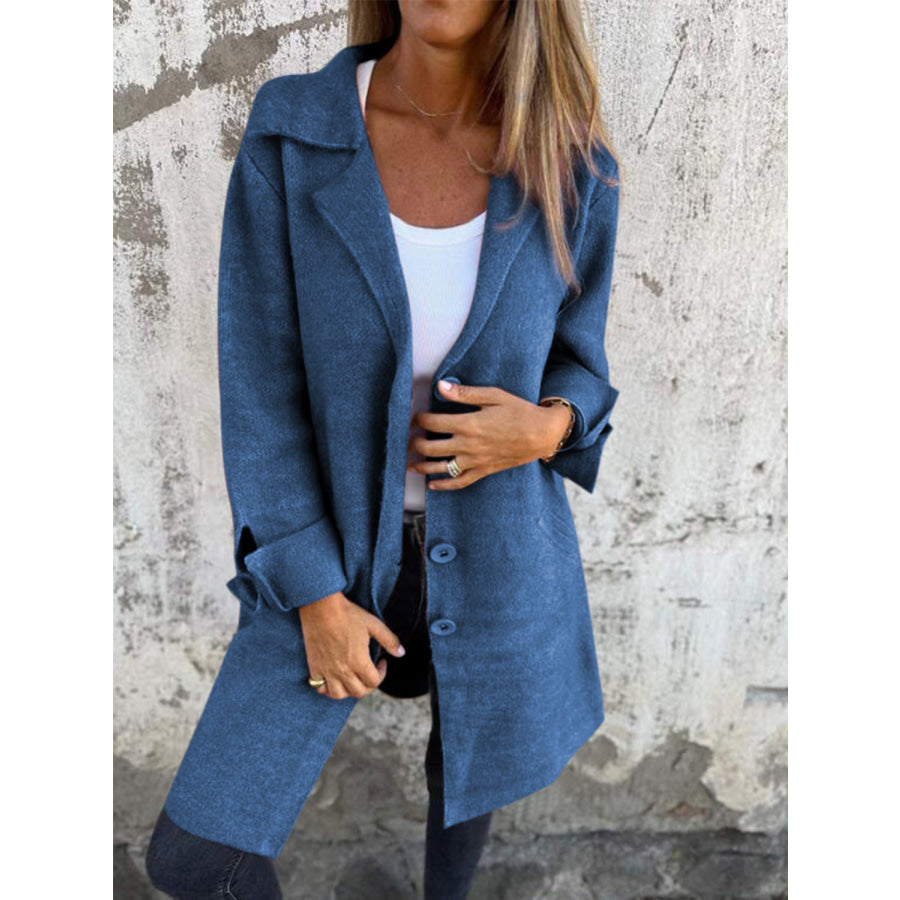 Full Size Collared Neck Button Up Longline Outerwear Dusty Blue / S Apparel and Accessories