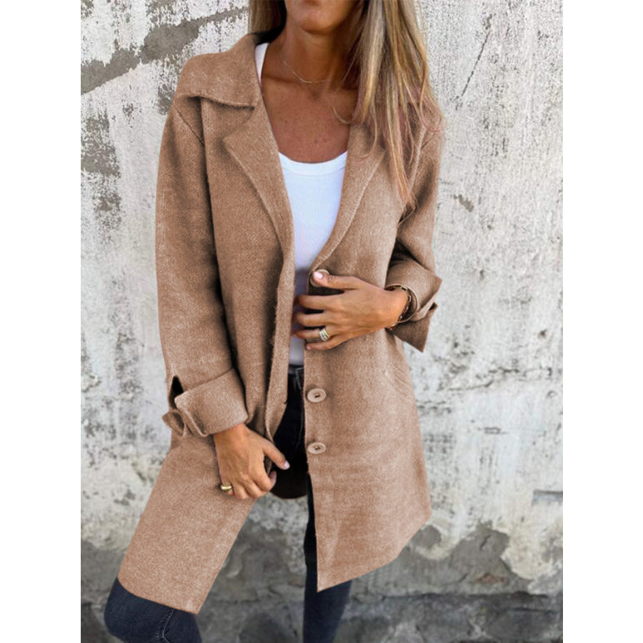 Full Size Collared Neck Button Up Longline Outerwear Tan / S Apparel and Accessories