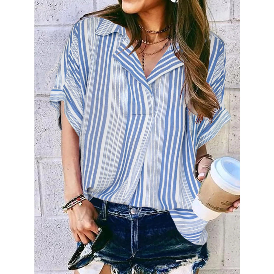 Full Size Collared Neck Half Sleeve Shirt Plus Size Blue Stripe / S Apparel and Accessories