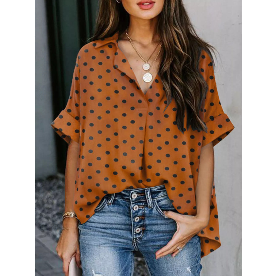 Full Size Collared Neck Half Sleeve Shirt Plus Size Brown Dot / S Apparel and Accessories