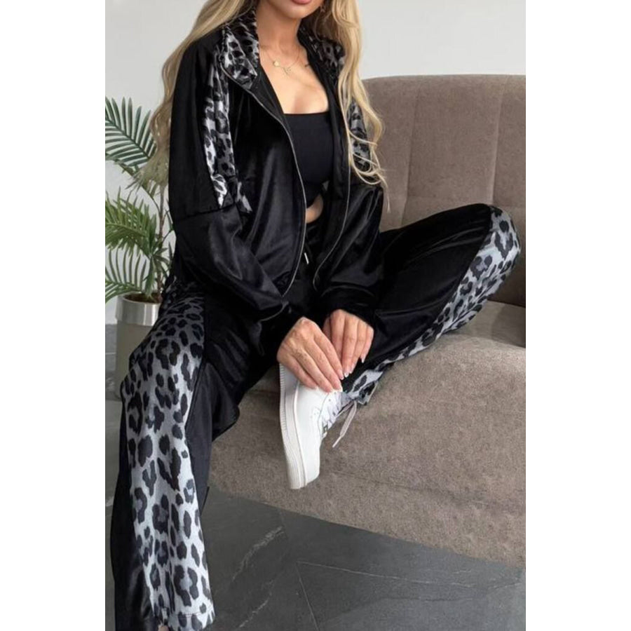 Full Size Collared Neck Leopard Zip Up Top and Pants Set Plus Size Apparel and Accessories