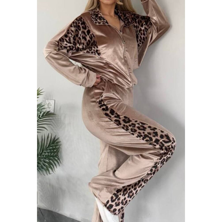 Full Size Collared Neck Leopard Zip Up Top and Pants Set Plus Size Apparel and Accessories