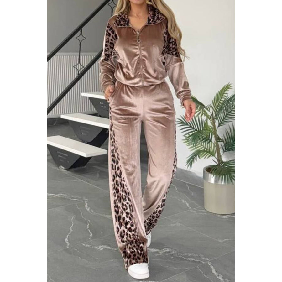 Full Size Collared Neck Leopard Zip Up Top and Pants Set Plus Size Camel / S Apparel and Accessories