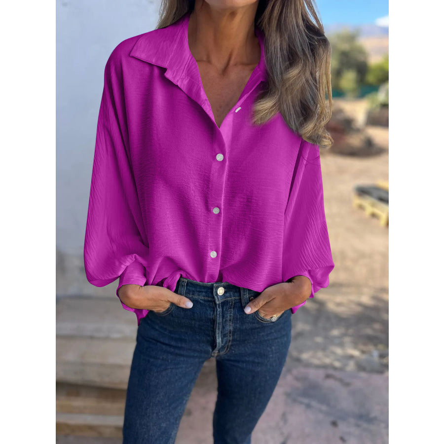 Full Size Collared Neck Long Sleeve Shirt Apparel and Accessories