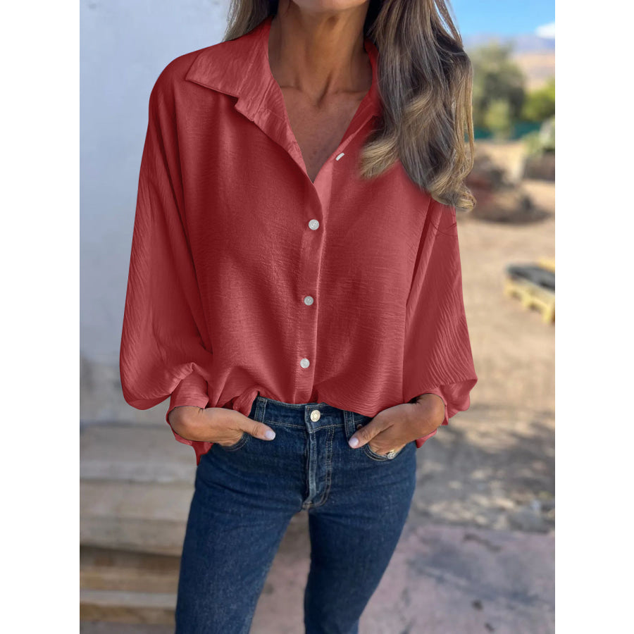 Full Size Collared Neck Long Sleeve Shirt Apparel and Accessories