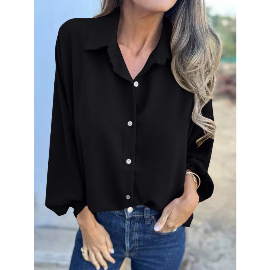 Full Size Collared Neck Long Sleeve Shirt Black / S Apparel and Accessories