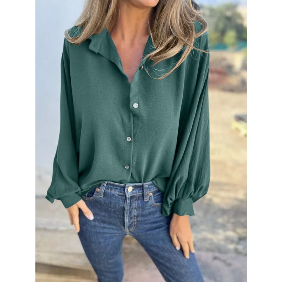 Full Size Collared Neck Long Sleeve Shirt Green / S Apparel and Accessories