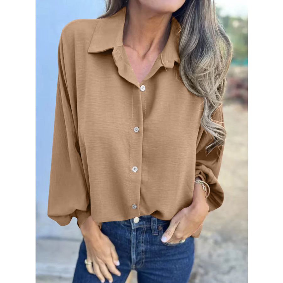 Full Size Collared Neck Long Sleeve Shirt Khaki / S Apparel and Accessories