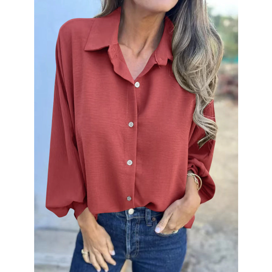 Full Size Collared Neck Long Sleeve Shirt Orange-Red / S Apparel and Accessories