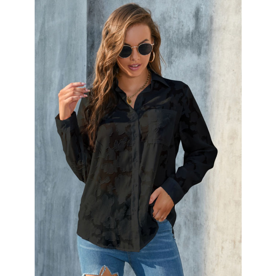 Full Size Collared Neck Long Sleeve Shirt Plus Size Black / S Apparel and Accessories