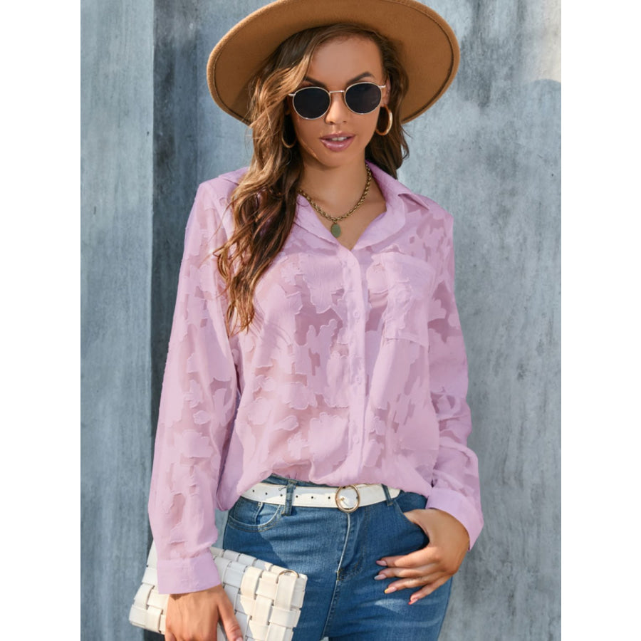 Full Size Collared Neck Long Sleeve Shirt Plus Size Pink Purple / S Apparel and Accessories