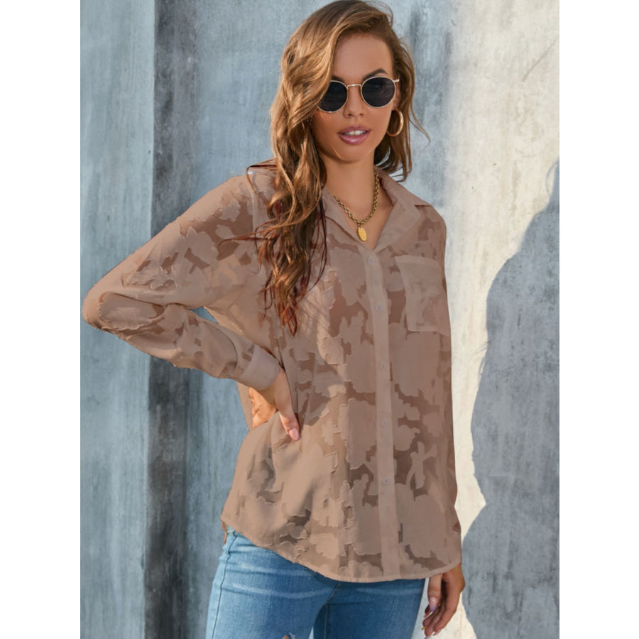 Full Size Collared Neck Long Sleeve Shirt Plus Size Taupe / S Apparel and Accessories