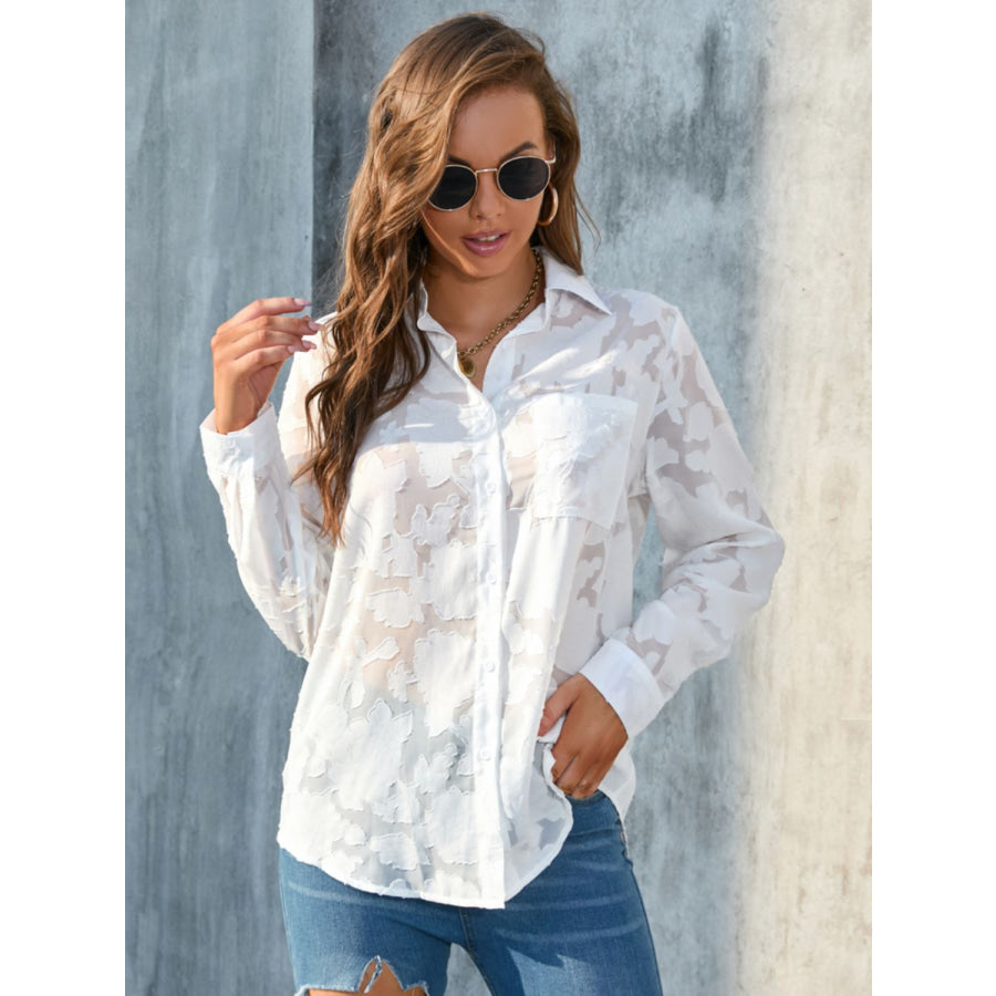 Full Size Collared Neck Long Sleeve Shirt Plus Size White / S Apparel and Accessories