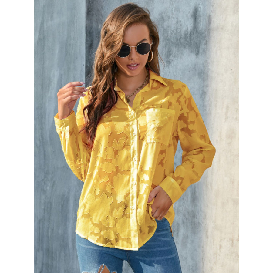 Full Size Collared Neck Long Sleeve Shirt Plus Size Yellow / S Apparel and Accessories