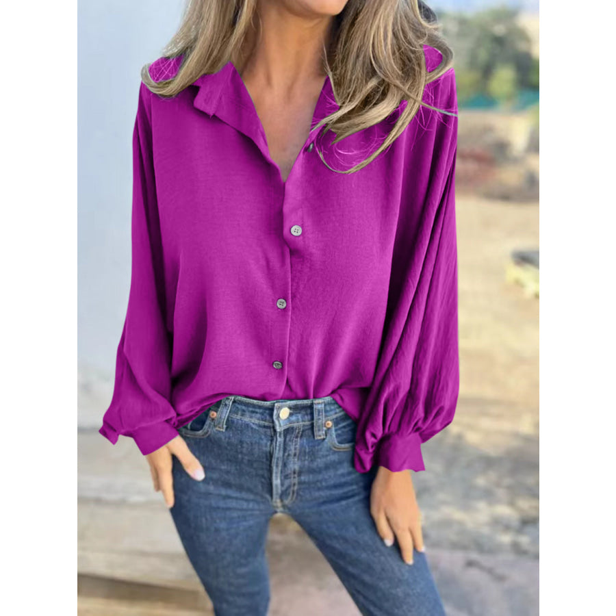 Full Size Collared Neck Long Sleeve Shirt Red-Violet / S Apparel and Accessories