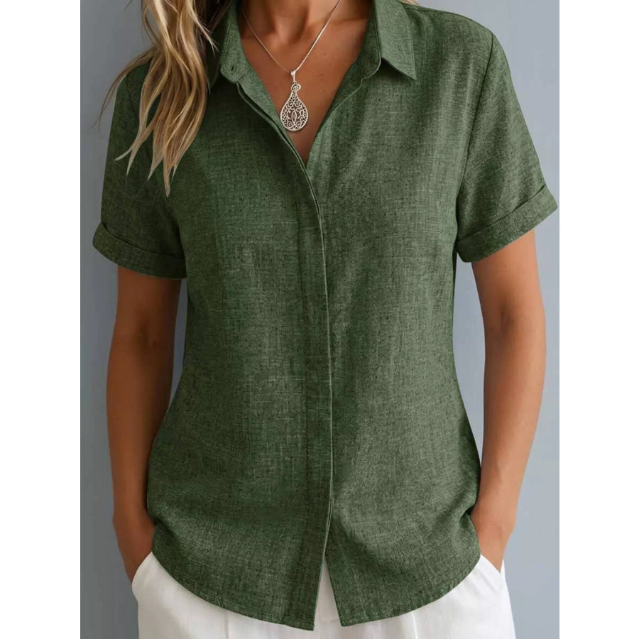 Full Size Collared Neck Short Sleeve Shirt Plus Size Army Green / S Apparel and Accessories