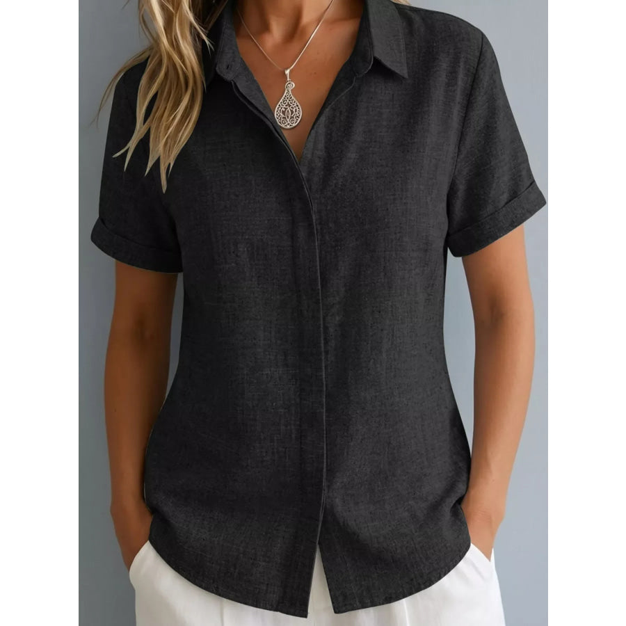 Full Size Collared Neck Short Sleeve Shirt Plus Size Black / S Apparel and Accessories