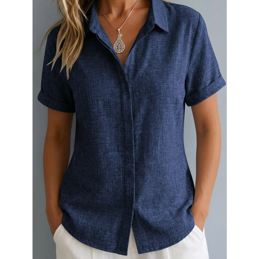 Full Size Collared Neck Short Sleeve Shirt Plus Size Dark Blue / S Apparel and Accessories